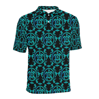 turquoise Tribal Sea Turtle Hawaiian Men Polo Shirt
