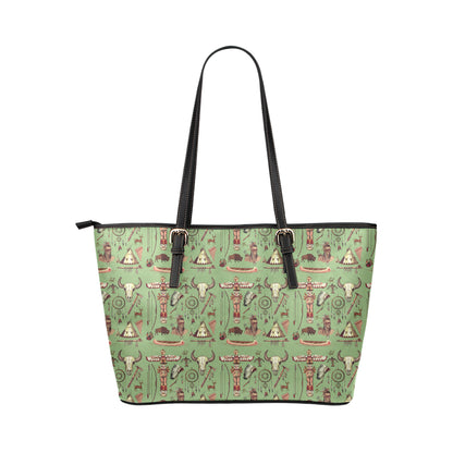 Native Indian Themed Design Print Leather Tote Bag