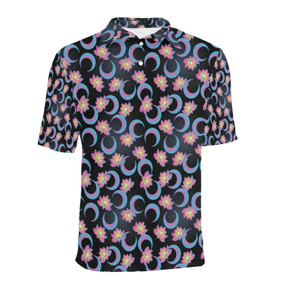 Lotus with Moon Pink Print Themed Men Polo Shirt
