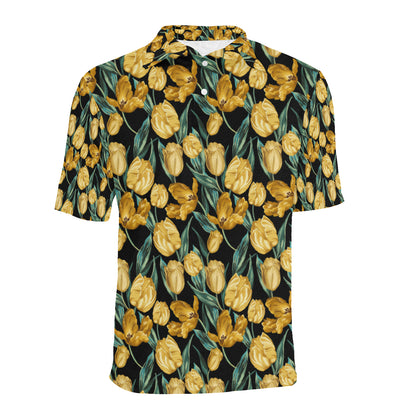Elegant Yellow Tulip Print Men Polo Shirt