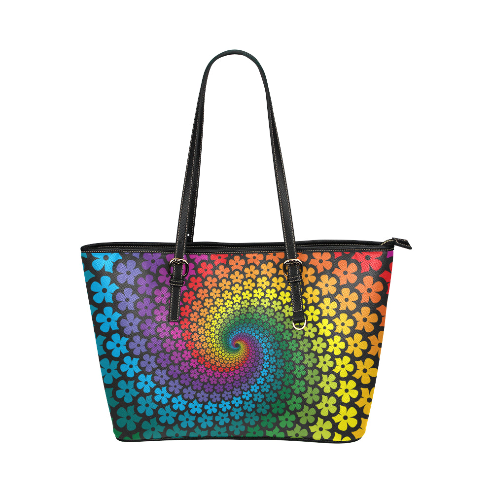 Flower Power Rainbow Spiral Print Leather Tote Bag