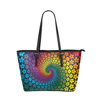 Flower Power Rainbow Spiral Print Leather Tote Bag