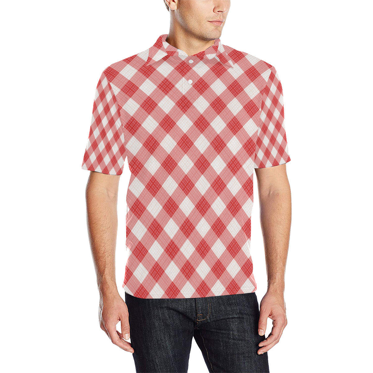 Gingham Red Pattern Print Design 01 Men Polo Shirt