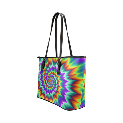 Optical illusion Pulsing fiery spirals Leather Tote Bag