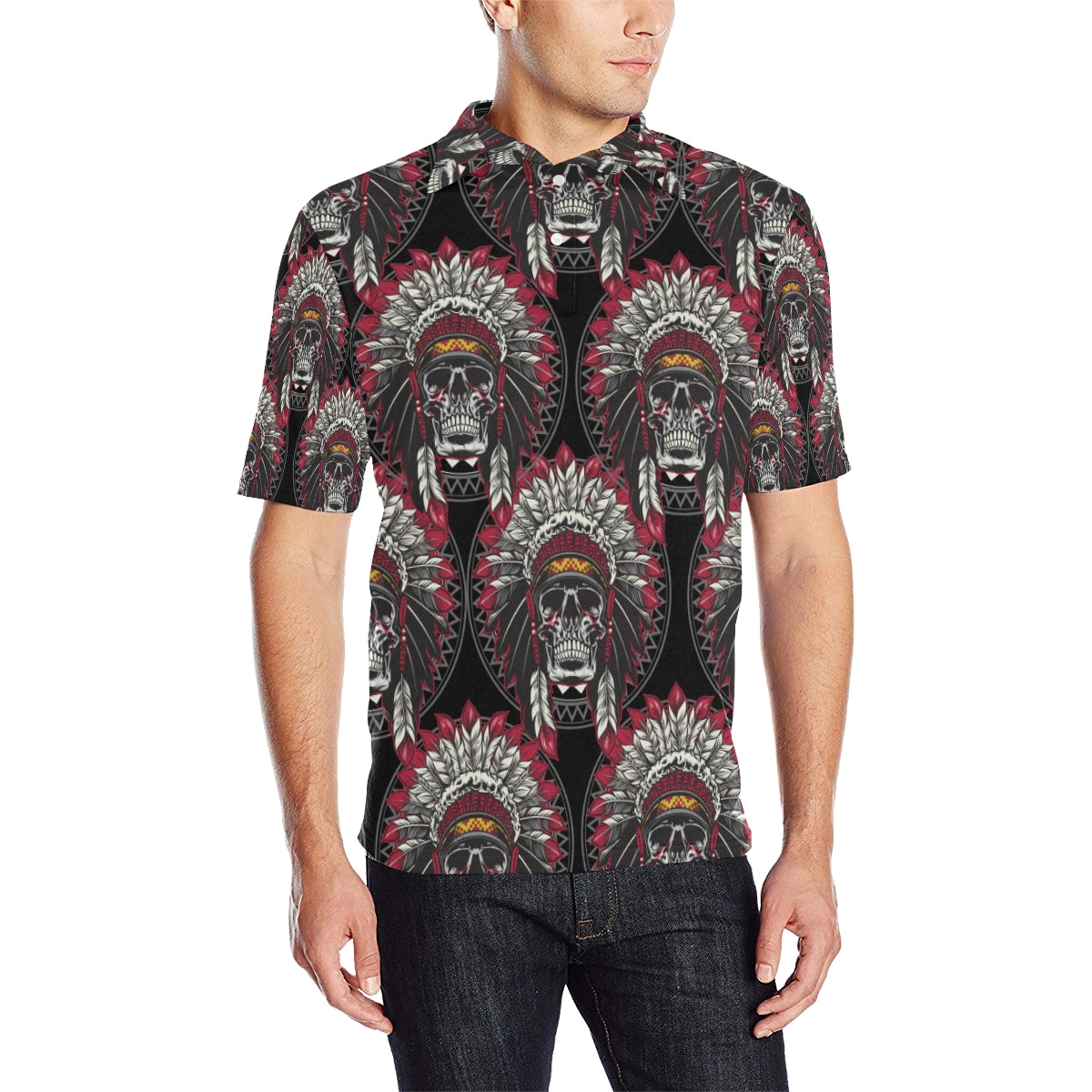 Native Indian Skull Men Polo Shirt