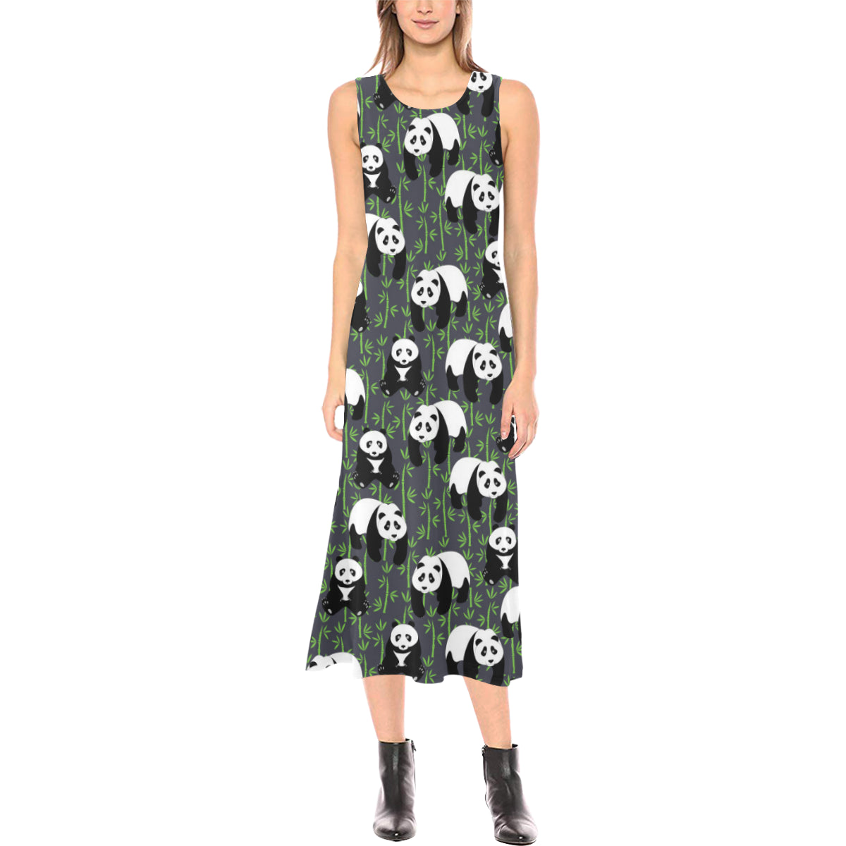 Panda Bear Bamboo Themed Print Sleeveless Long Dress