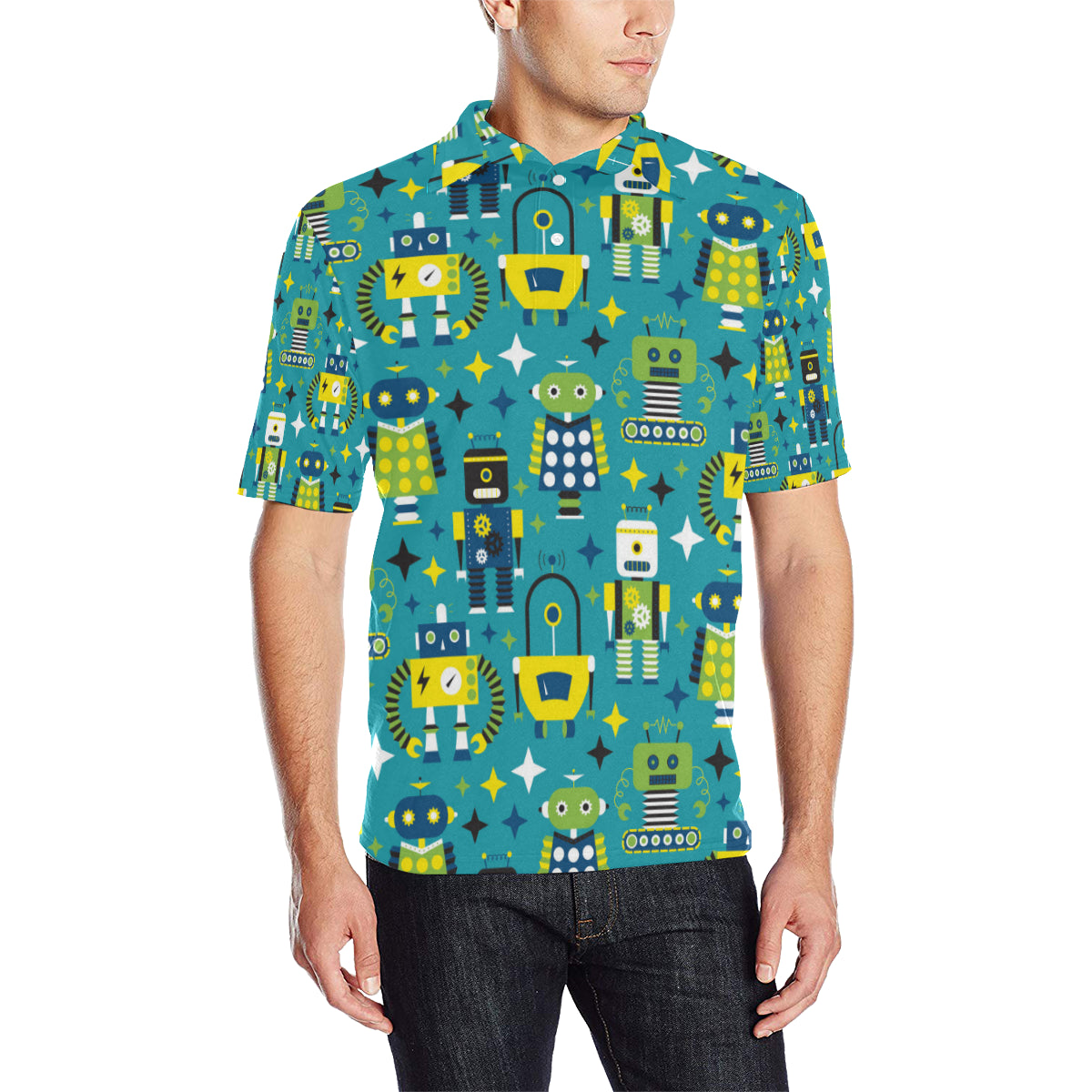 Robot Pattern Print Design A02 Men Polo Shirt