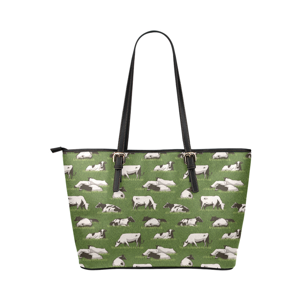 Cow on Grass Print Pattern Leather Tote Bag