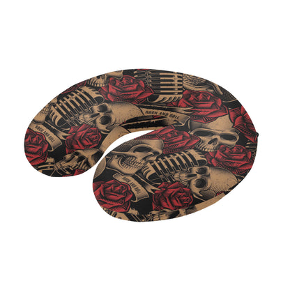 Microphone Skull Rose Pattern Print Design 02 U-Shaped Travel Neck Pillow