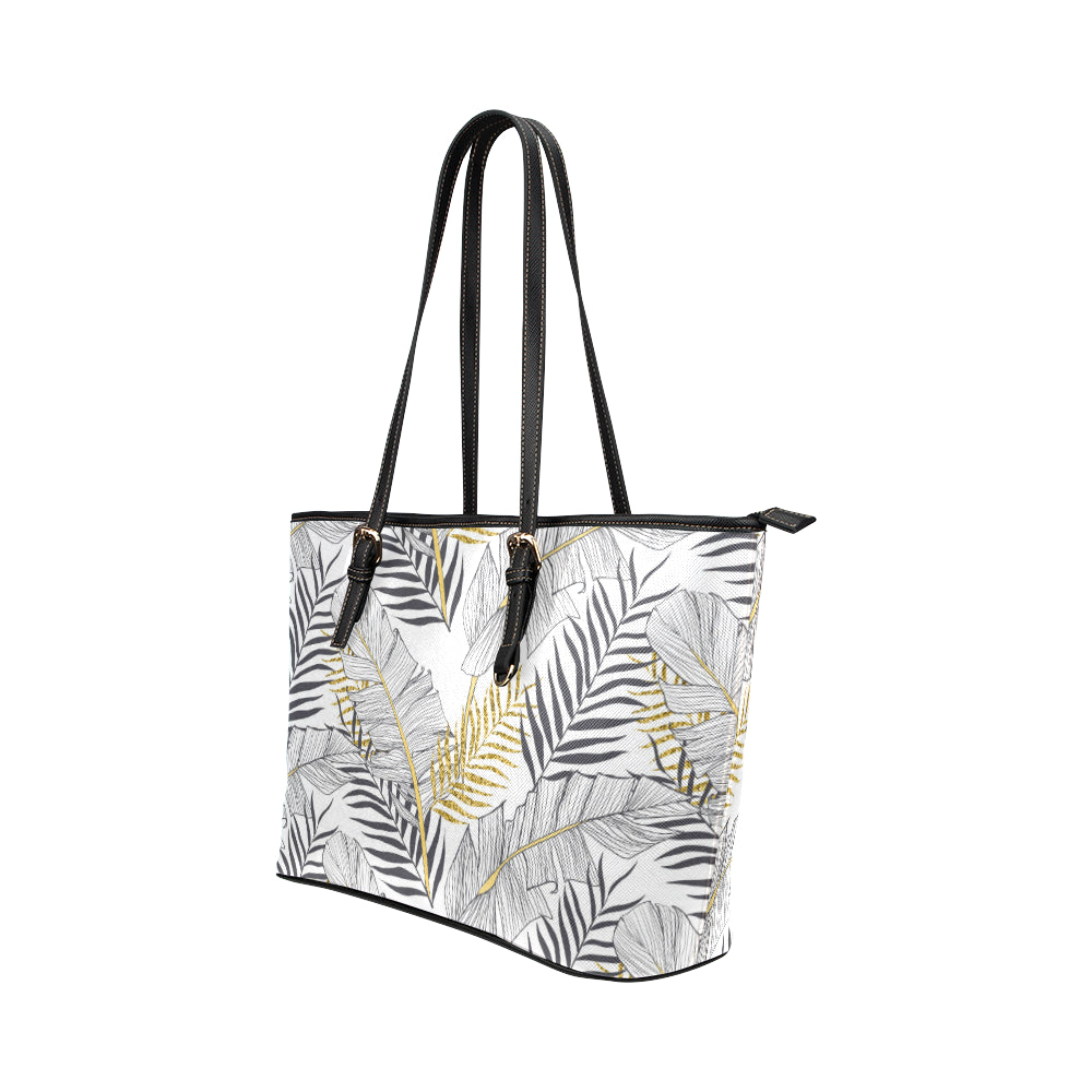 Gold Glitter Tropical Palm Leaves Leather Tote Bag