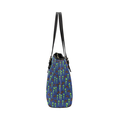 Alien Green UFO Pattern Leather Tote Bag