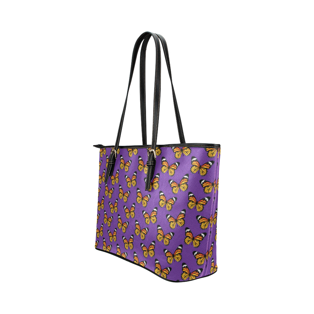 Monarch Butterfly Purple Print Pattern Leather Tote Bag