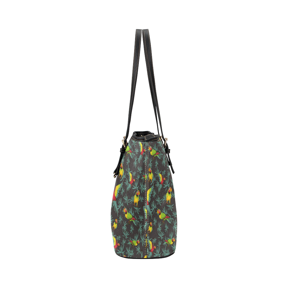 Parrot Themed Print Leather Tote Bag