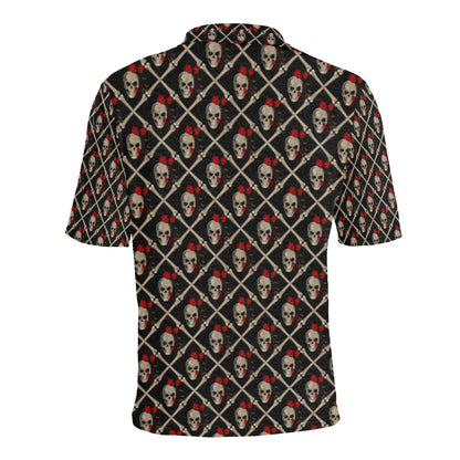 Skull Roses Bone Design Themed Print Men Polo Shirt