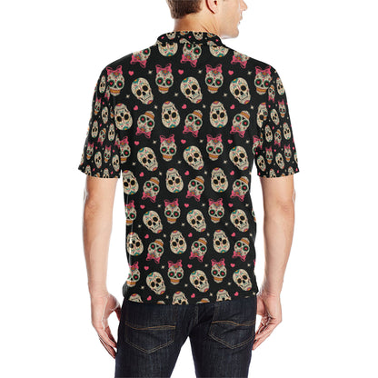 Sugar Skull Pink Bow Themed Print Men Polo Shirt