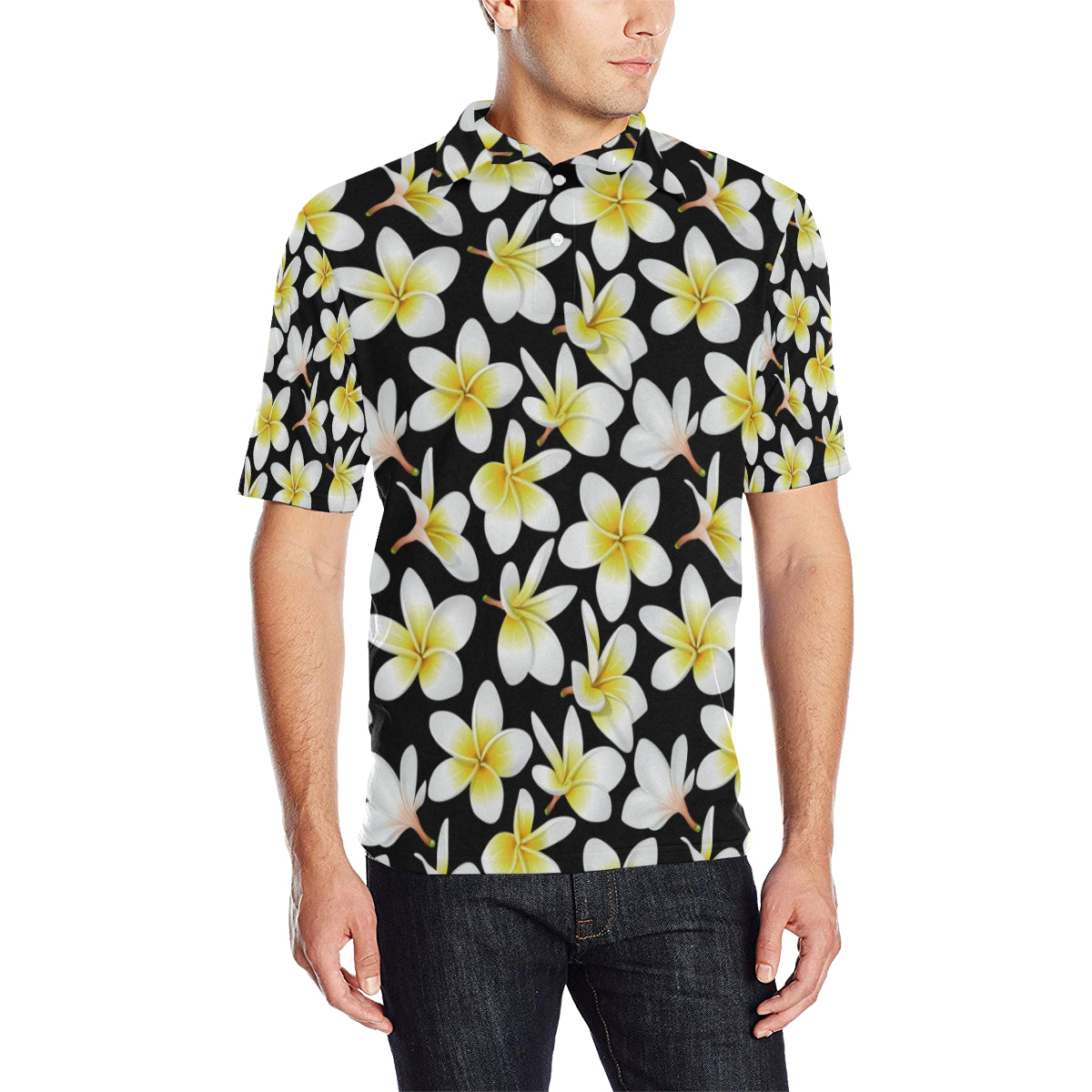 Yellow Plumeria Hawaiian Flowers Men Polo Shirt