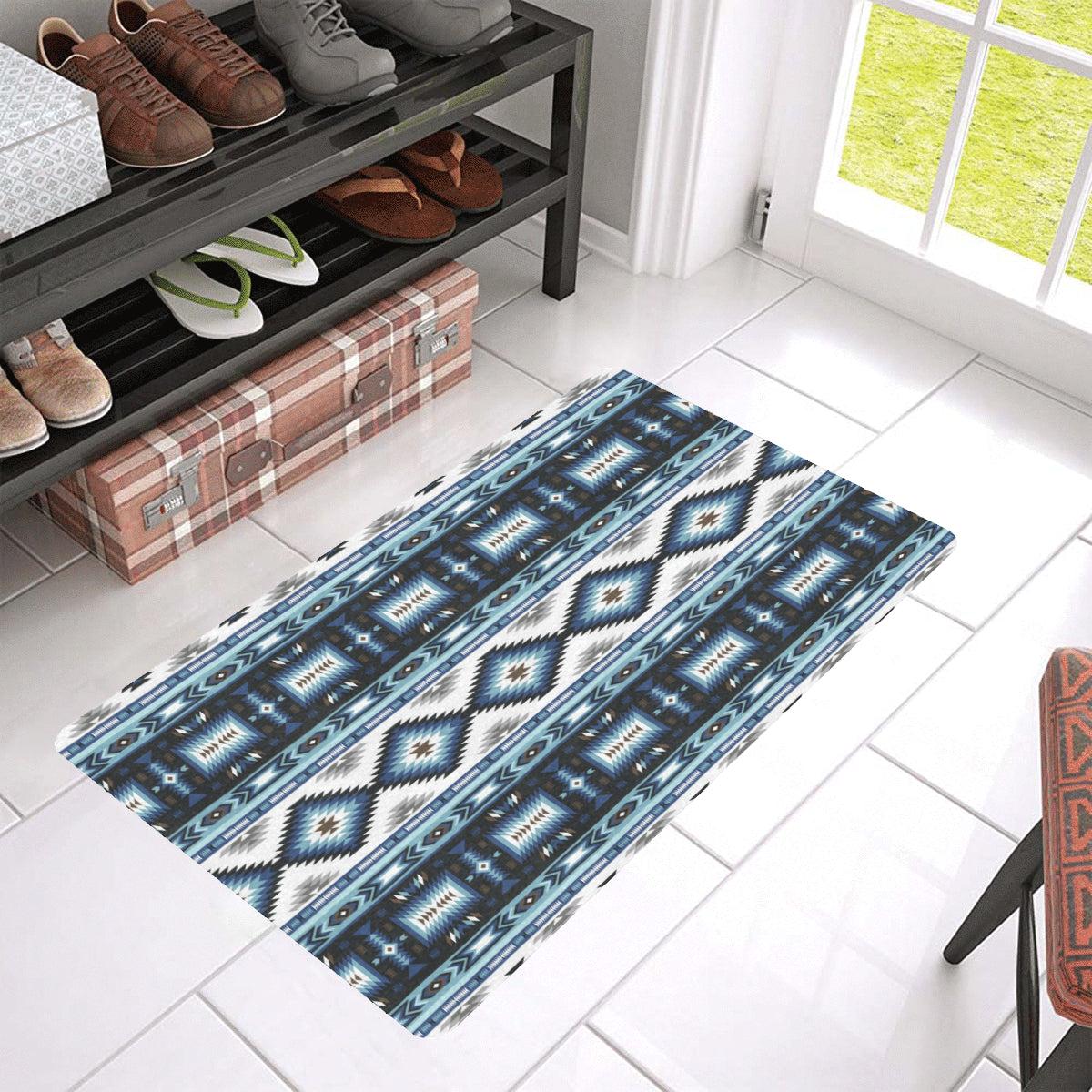 Navajo Dark Blue Print Pattern Rubber Doormat