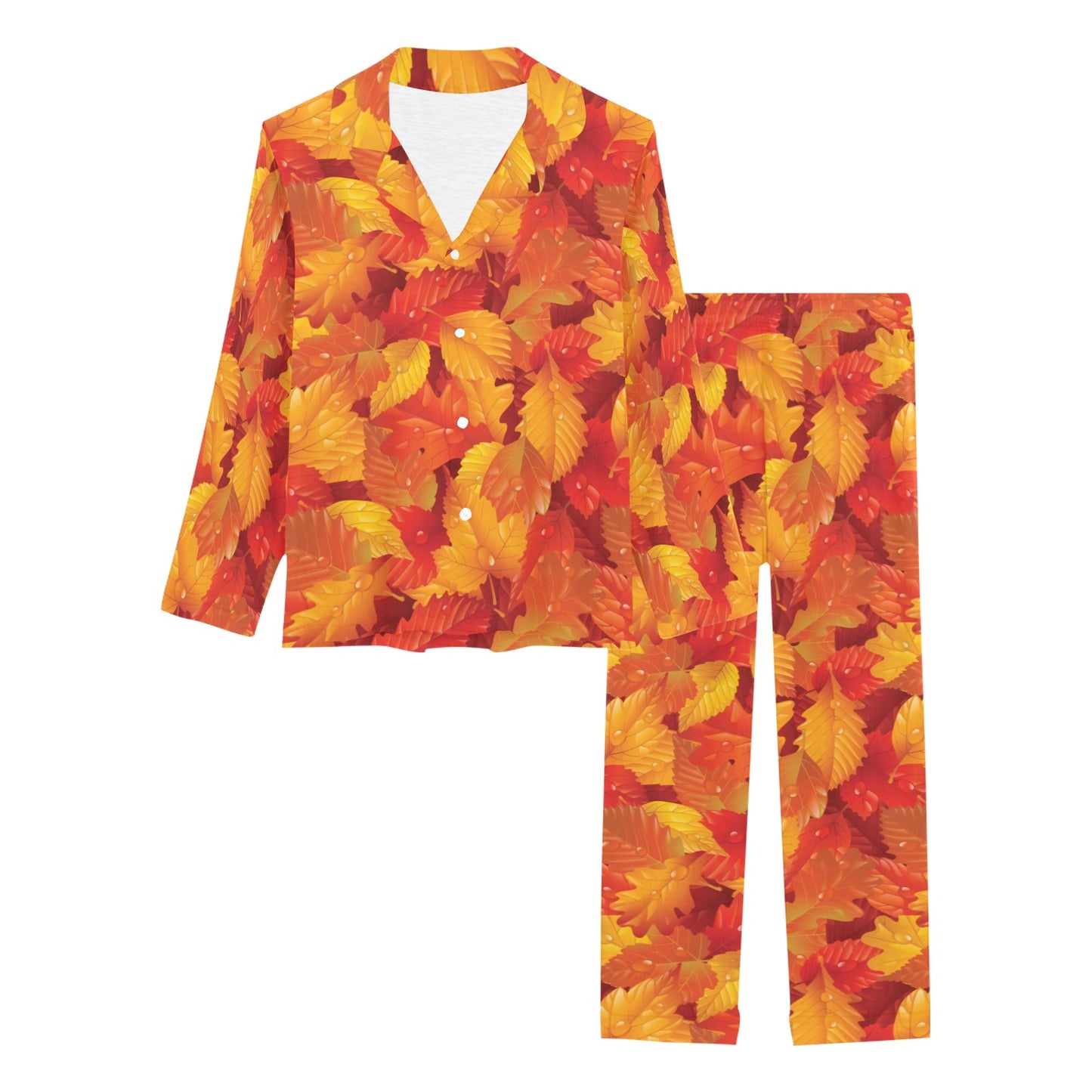 Elm Leave Autum Print Pattern Women's Long Pajama Set