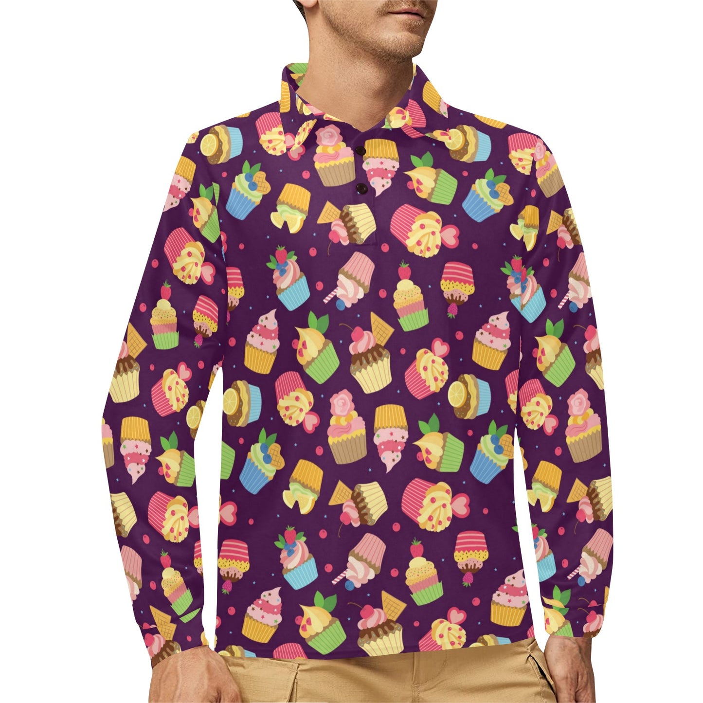 Cupcake Pattern Print Design 05 Long Sleeve Polo Shirt For Men's