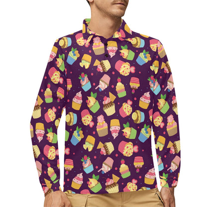 Cupcake Pattern Print Design 05 Long Sleeve Polo Shirt For Men's