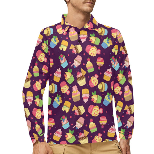 Cupcake Pattern Print Design 05 Long Sleeve Polo Shirt For Men's