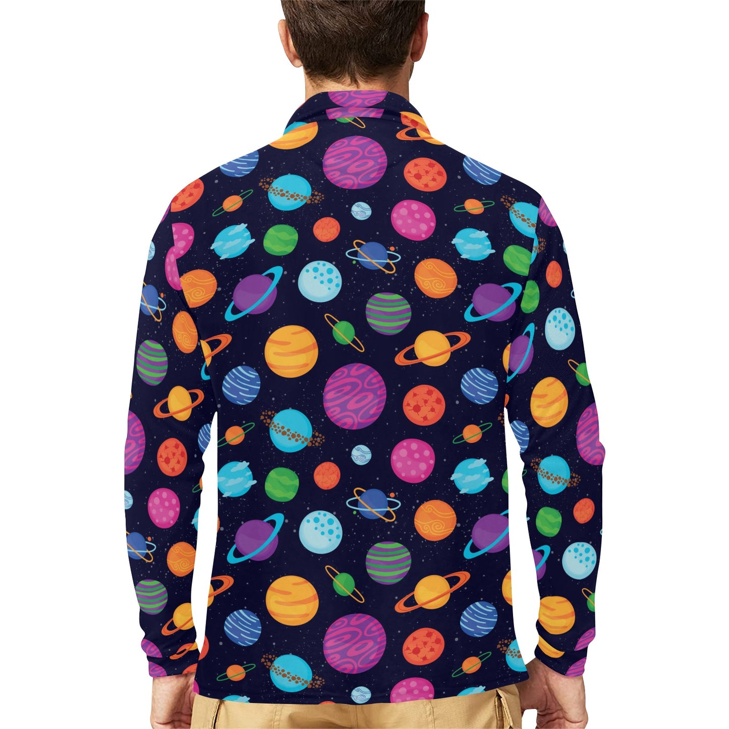 Planet Multicolor Print Design LKS302 Long Sleeve Polo Shirt For Men's