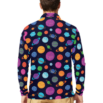 Planet Multicolor Print Design LKS302 Long Sleeve Polo Shirt For Men's