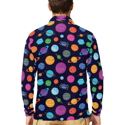 Planet Multicolor Print Design LKS302 Long Sleeve Polo Shirt For Men's