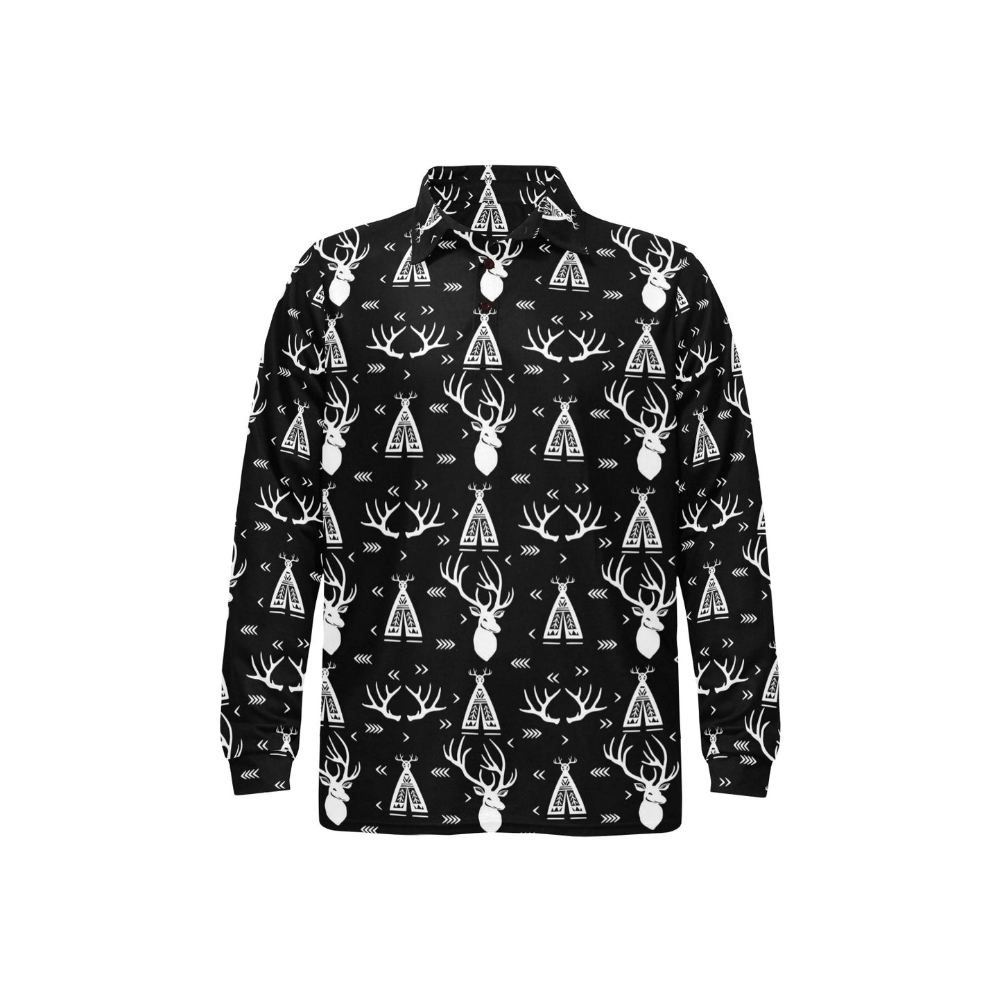 Deer Native Indian Print Pattern Long Sleeve Polo Shirt For Men's