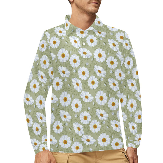 Daisy Yellow Print Pattern Long Sleeve Polo Shirt For Men's