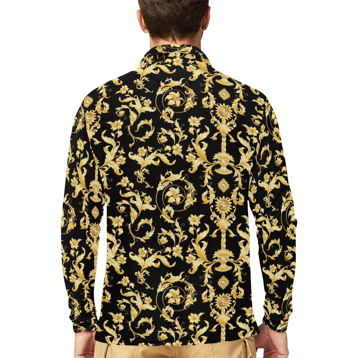 Baroque Golden Pattern Print Design 04 Long Sleeve Polo Shirt For Men's