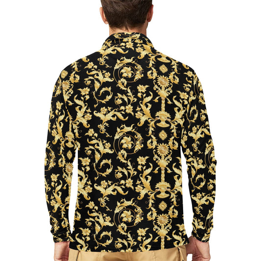 Baroque Golden Pattern Print Design 04 Long Sleeve Polo Shirt For Men's