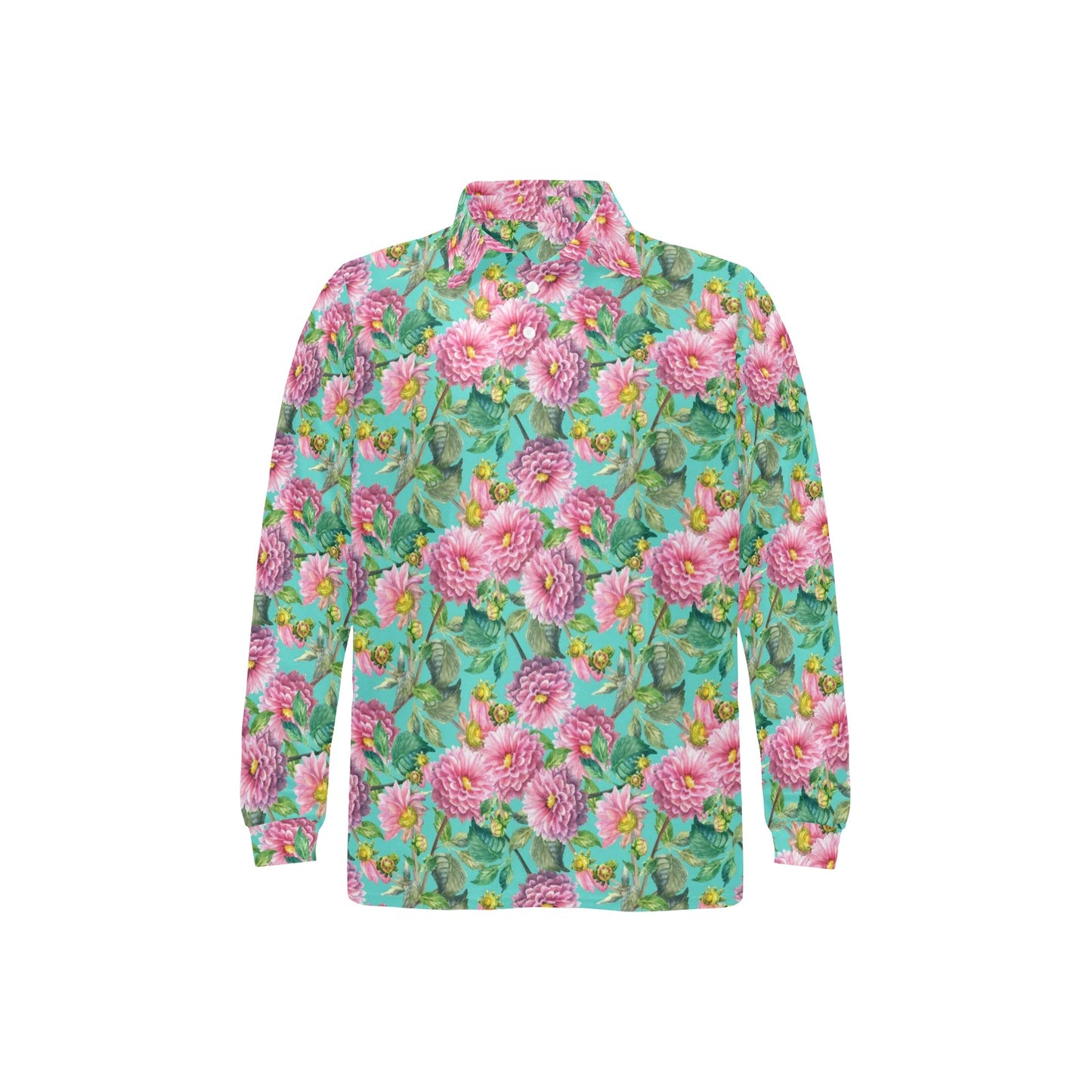Dahlia Pattern Print Design DH07 Long Sleeve Polo Shirt For Men's