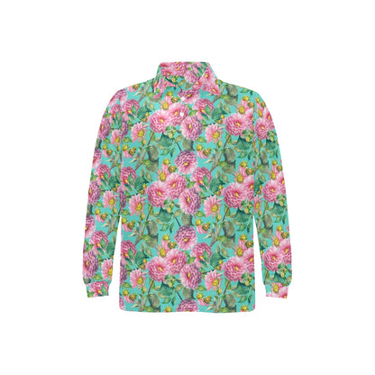 Dahlia Pattern Print Design DH07 Long Sleeve Polo Shirt For Men's