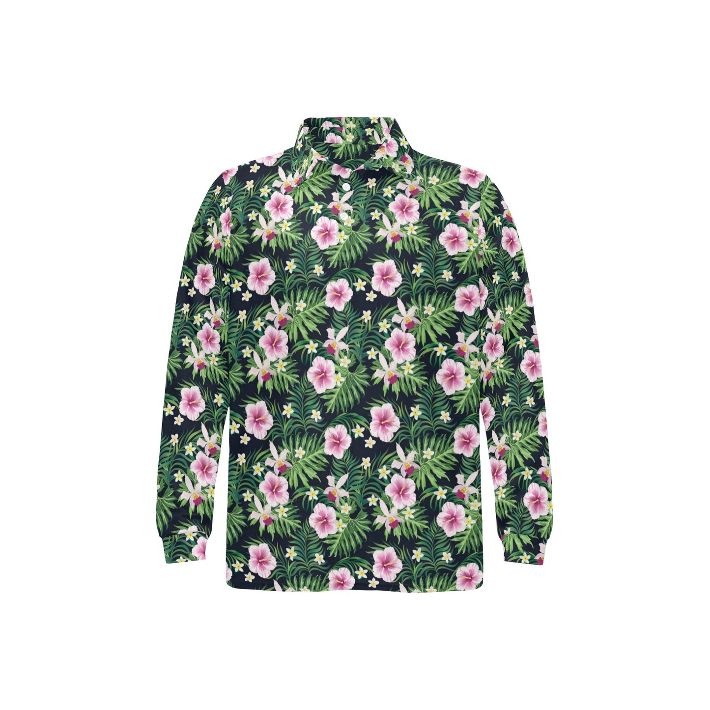 Hibiscus Tropical Print Design LKS309 Long Sleeve Polo Shirt For Men's