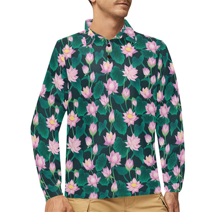 Water Lily Print Design LKS302 Long Sleeve Polo Shirt For Men's