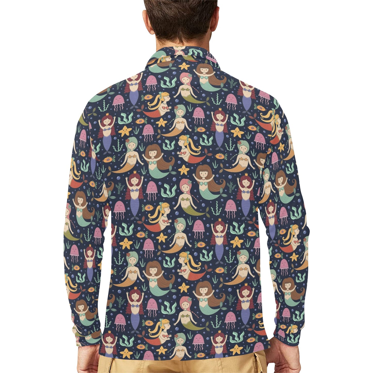 Mermaid Cartoon Pattern Print Design 03 Long Sleeve Polo Shirt For Men's