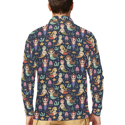 Mermaid Cartoon Pattern Print Design 03 Long Sleeve Polo Shirt For Men's