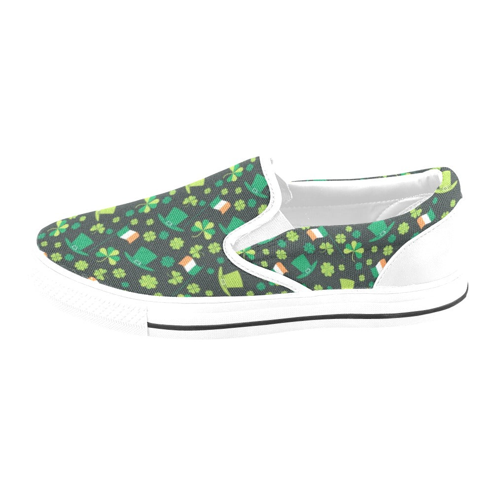 Shamrock Saint Patrick's Day Print Design LKS304 White Slip Ons Canvas Women's Shoes