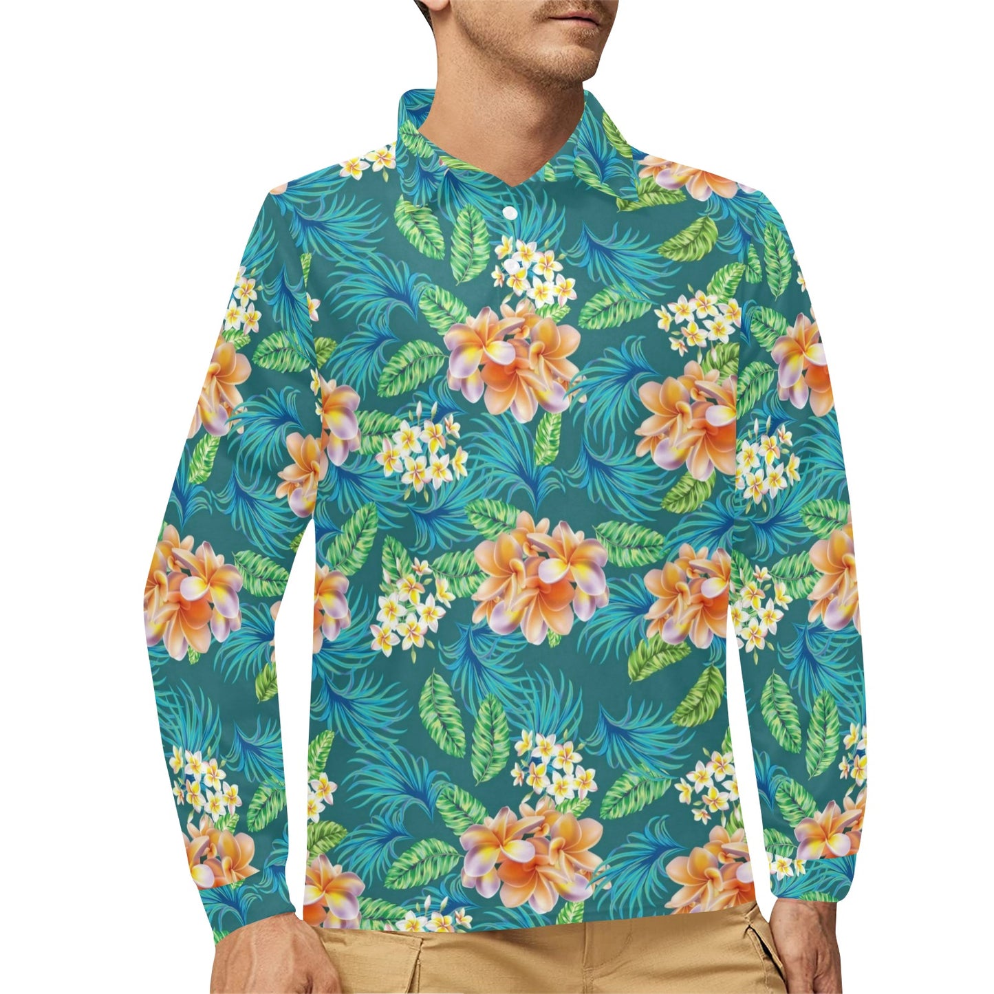 Plumeria Tropical Flower Design Print Long Sleeve Polo Shirt For Men's
