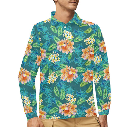 Plumeria Tropical Flower Design Print Long Sleeve Polo Shirt For Men's