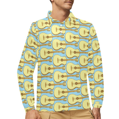 Acoustic Guitar Pattern Print Design 03 Long Sleeve Polo Shirt For Men's