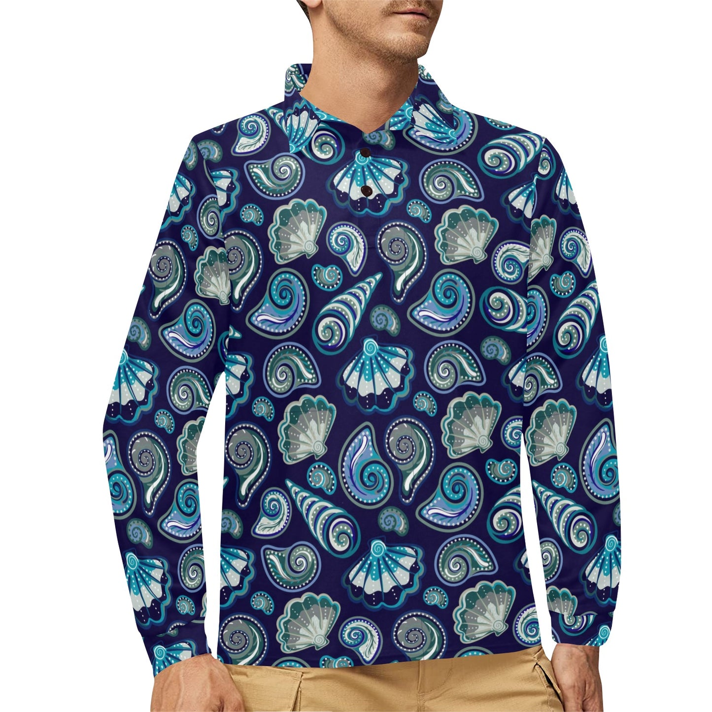 Beach Seashell Blue Print Long Sleeve Polo Shirt For Men's