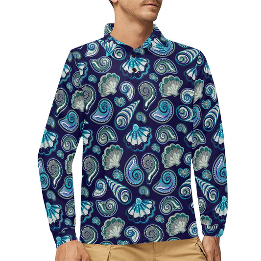 Beach Seashell Blue Print Long Sleeve Polo Shirt For Men's