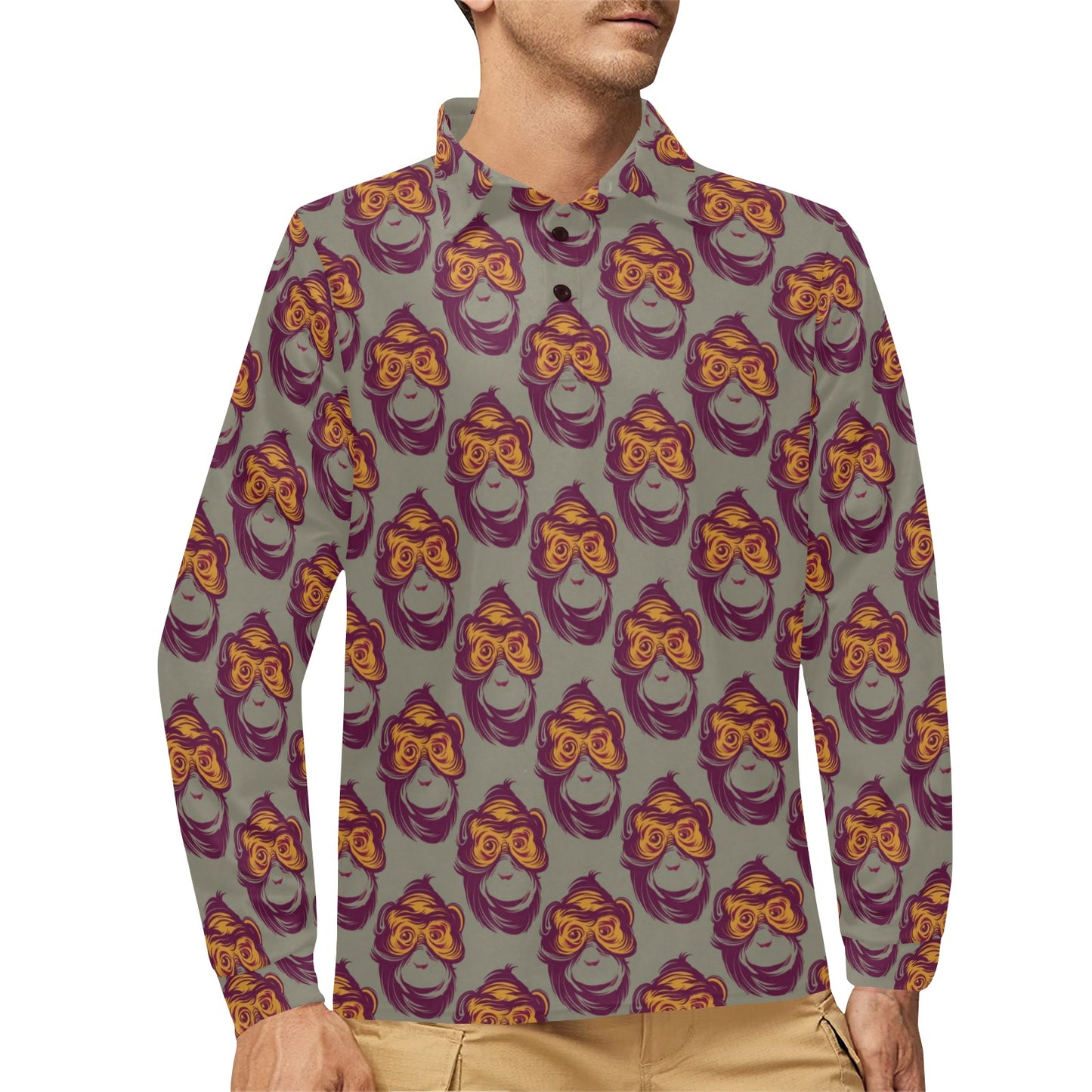 Chimpanzee Pattern Print Design 02 Long Sleeve Polo Shirt For Men's