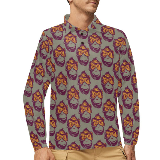 Chimpanzee Pattern Print Design 02 Long Sleeve Polo Shirt For Men's