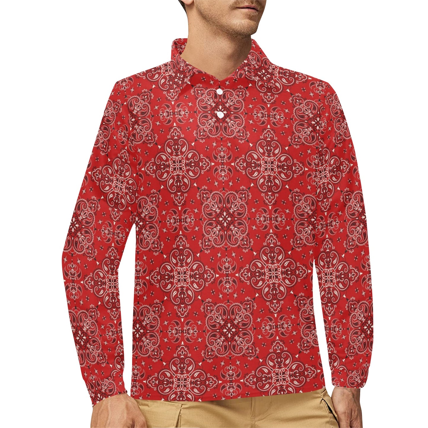Bandana Red Pattern Print Design LKS3010 Long Sleeve Polo Shirt For Men's