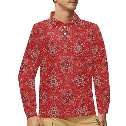 Bandana Red Pattern Print Design LKS3010 Long Sleeve Polo Shirt For Men's