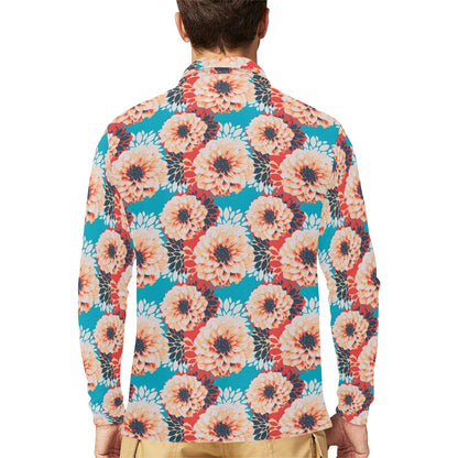 Dahlia Pattern Print Design DH05 Long Sleeve Polo Shirt For Men's