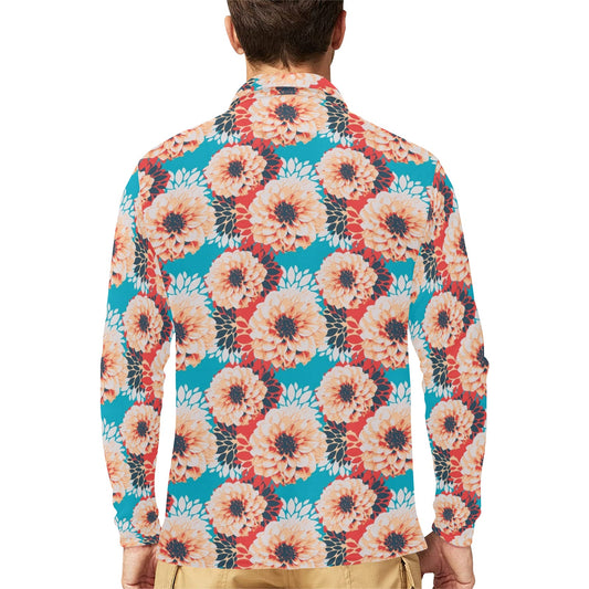 Dahlia Pattern Print Design DH05 Long Sleeve Polo Shirt For Men's
